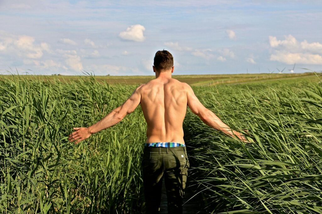 topless man holding green grasses under white clouds